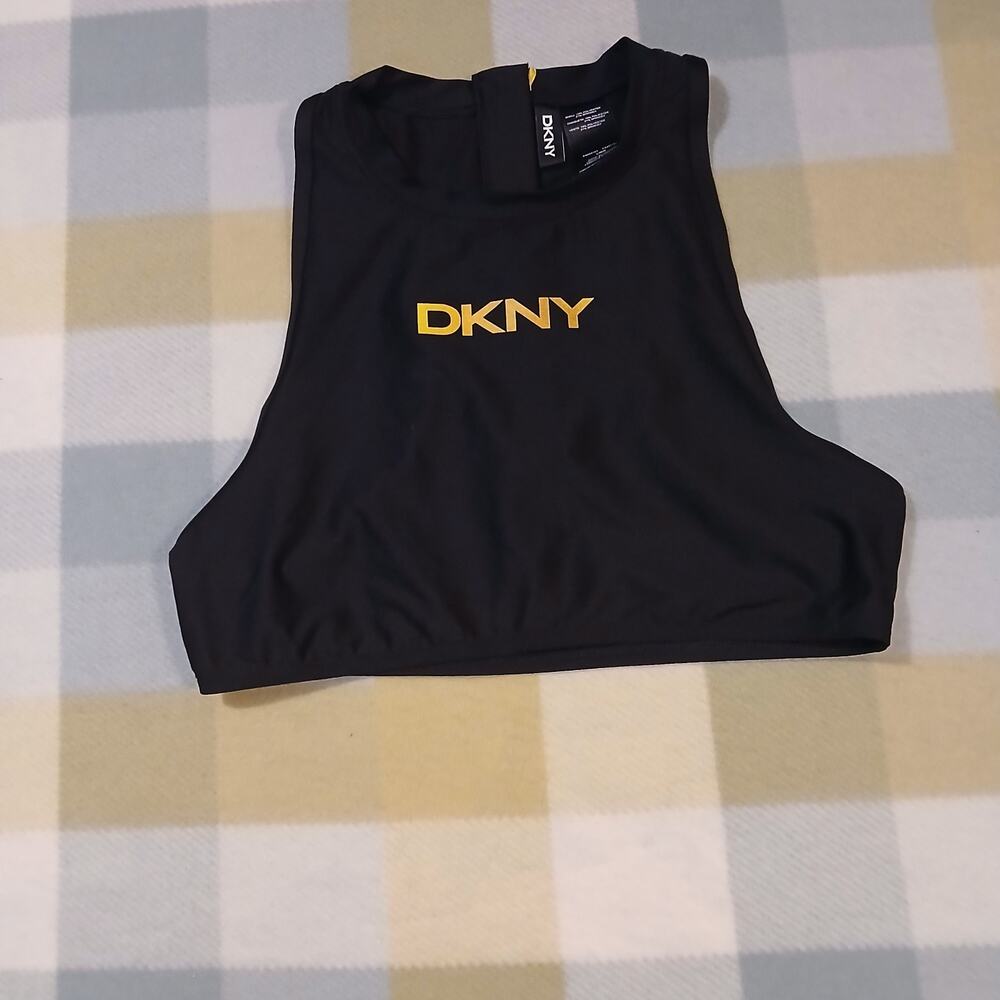 DKNY Womens Black Logo Stretch Zippered Sporty Swimsuit Top Size Large